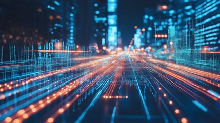 Fototapeta premium Digital road in urban landscape with flowing light trails. High-speed data transfer concept