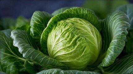 Fototapeta premium A large green cabbage is the main focus of the image. The cabbage is surrounded by other green leaves, creating a lush and vibrant scene. Scene is one of freshness and abundance