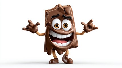 A chocolate bar with a big smile on its face. The chocolate bar is holding its hands up in the air, as if it's excited or happy
