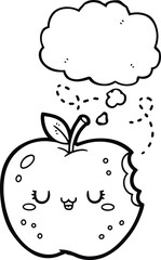 Cute bitten apple with sleepy face and thought bubble doodle icon, whimsical cartoon line illustration