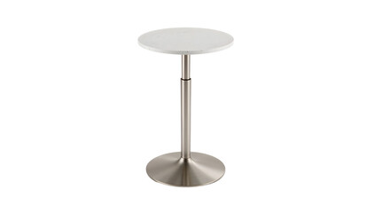 Modern round side table with white marble top and stainless steel pedestal base on transparent background
