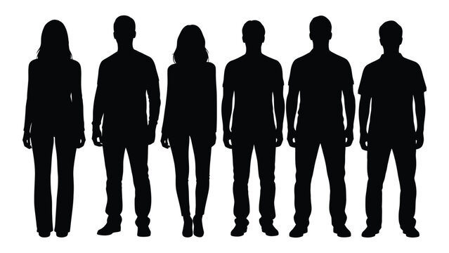 A row of six anonymous people standing together depicted as a striking silhouette