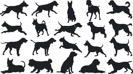 Dog silhouette collection, various breeds in running, sitting and standing poses, playful canine vector set for design, pet graphics and illustrations