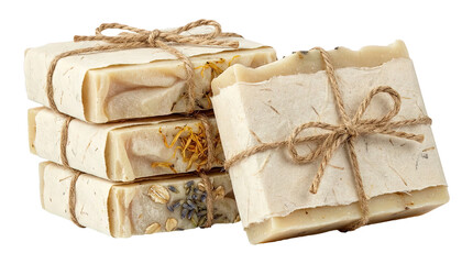 Natural handmade soap bars with organic ingredients and rustic twine packaging Isolated on Transparent Background.