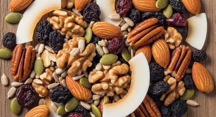 A mix of nuts and dried fruits on a wooden surface with seeds and sliced pears