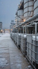 The old industrial factory is still operating even when covered in thick snow.