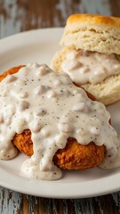 Delicious homemade chicken fried steak with creamy sausage gravy and buttermilk biscuits on a rustic wooden table.