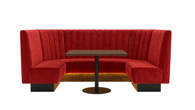 Modern red velvet restaurant booth seating with wooden table and ambient lighting for contemporary dining spaces