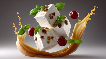 A dessert with a swirl of milk and a few pieces of fruit on top. The dessert is a white block of something with nuts on top