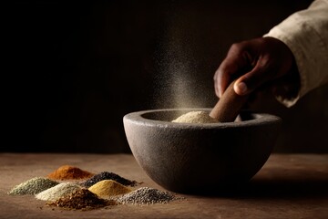 A person using a mortar and pestle to grind fresh spices, traditional cooking methods, earthy tones.