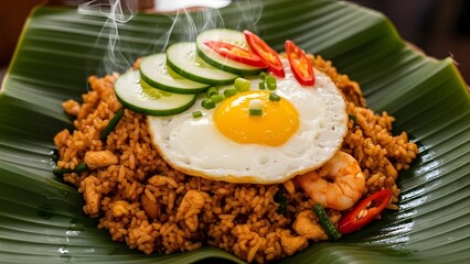 Steaming hot Indonesian Nasi Goreng with fried egg, shrimp, and chicken served on a fresh banana leaf, a delicious traditional Asian dish.