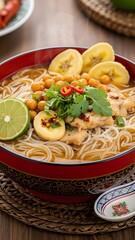 A close-up of a steaming bowl of Asian chicken noodle soup with fresh ingredients and lime.