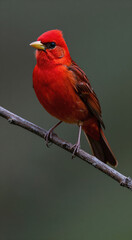 a photograph of a red bird perched on a thin branch. The bird is facing towards the right side of the image and its head is turned slightly to the left. It has a bright red body