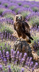 a bird of prey, possibly a hawk, perched on a rock in a lavender field. The bird is facing towards the right side of the image, with its head turned slightly to the left.