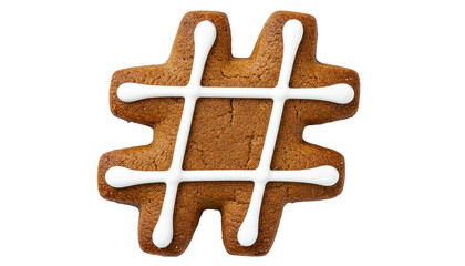 Homemade gingerbread cookie shaped as hashtag symbol with white icing for social media concepts Isolated on Transparent Background.
