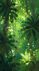 a digital illustration of a lush green forest scene. The background is filled with tall trees and plants, creating a canopy of greenery. The trees are tall and slender, with long