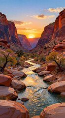 a beautiful landscape photograph of a river flowing through a canyon. The sun is setting in the background, casting a warm orange glow over the canyon walls. The canyon walls are made of red rock