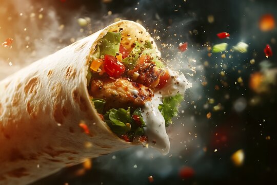 A chicken tikka wrap unrolling mid-air with yogurt dressing and salad flying around 