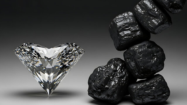 The striking contrast between a brilliant diamond and rough coal, showcasing carbon's diverse forms