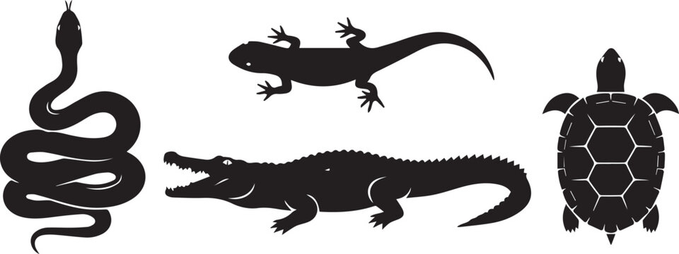 Collection of silhouetted reptiles snake alligator lizard turtle aquatic wildlife