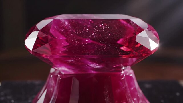 Close-up of faceted pink ruby gemstone on display stand with sparkling light reflections