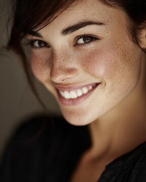 Close-up portrait of a young woman with unedited skin texture (freckles, natural blemishes), smiling genuinely, real beauty.