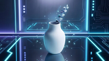 Digital Bloom A White Vase with Emerging Futuristic Flowers in a Cyberpunk Environment