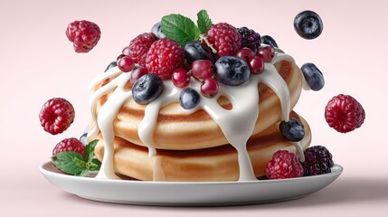 A stack of pancakes with whipped cream and berries on top. The image has a light and airy feel to it, with the whipped cream and berries adding a touch of sweetness and freshness