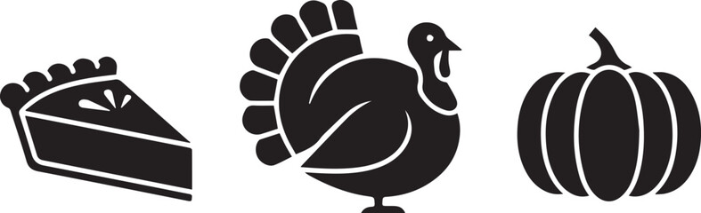 Thanksgiving symbols silhouette a slice of pie a turkey and a pumpkin icon set for celebration