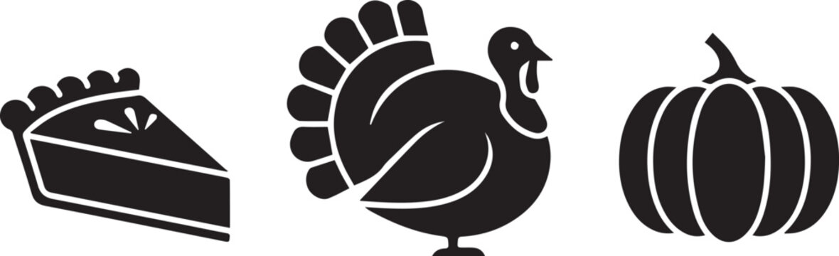 Thanksgiving symbols silhouette a slice of pie a turkey and a pumpkin icon set for celebration