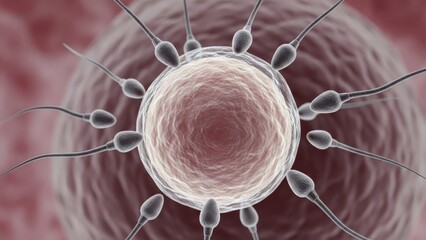 sperm cells approaching and contacting a single ovum; highly accurate