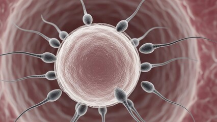 sperm cells approaching and contacting a single ovum; highly accurate