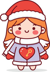 Cute Christmas angel girl cartoon wearing Santa hat, winter outfit, heart key symbol, festive holiday illustration