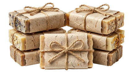 Stack of natural handmade organic soap bars wrapped in rustic craft paper and jute twine Isolated on Transparent Background.