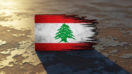 A weathered flag of a country with a cedar tree, showing distress on a textured, sunlit surface