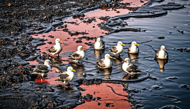 White Ducks Swimming in Polluted Oily Water, Environmental Pollution Concept