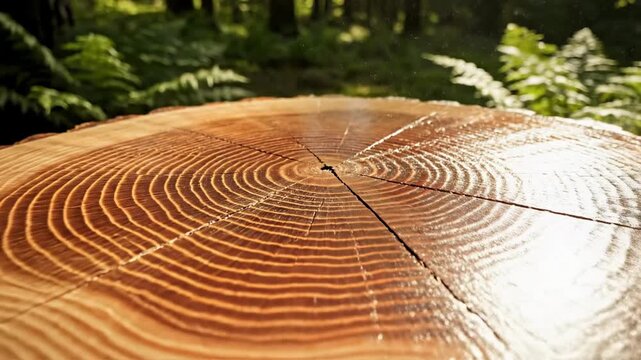Macro zoom view of tree stump annual rings and wood grain texture in sunny forest