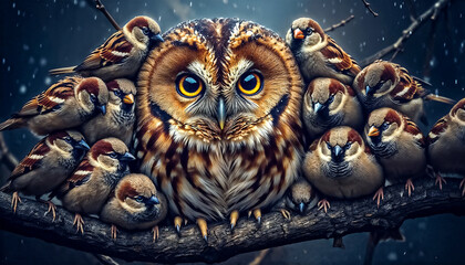 Majestic Owl Face Hiding in a Crowd of Small Birds, Forest Wildlife Concept