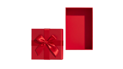 red gift box with ribbon.Blank red rectangle gift box mock up opening or top view of red present box product display showcase tied with red ribbon bow isolated