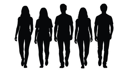 A group of five people walking forward depicted as a striking black silhouette