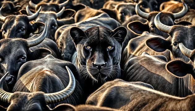 Black Panther Face Hiding in a Herd of Water Buffaloes, Safari Predator Concept