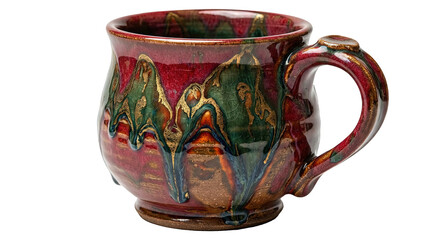 Handmade glazed ceramic coffee mug with artistic drip pattern Isolated on Transparent Background.