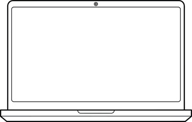 Laptop computer outline illustration with blank screen, minimal black line art device icon for UI, web, or coloring