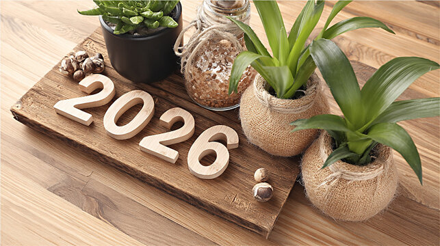 Zero waste new year flat lay featuring wooden numbers 2026, decorative plants, and natural textures on a rustic wooden surface, promoting sustainable living and eco-friendly practices