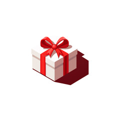 Fototapeta premium Detailed Isometric White Gift Box Vector Icon with Bright Red Ribbon and Bow. Perfect 3D Present Illustration for Holiday Celebrations, E-commerce, Birthday Sales, and Event Promotion UI/UX Design.