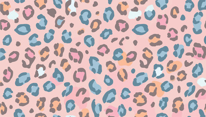 Vector of pastel leopard pattern with abstract animal spots in orange, brown, pink, blue, beige, and gray tones. Modern style background ideal for fashion, wallpapers, textiles, stationery, branding.