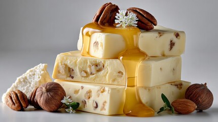 A stack of white cheesecake with a drizzle of honey and nuts on top. Concept of indulgence and luxury, as the cheesecake is presented in a visually appealing manner with the honey