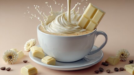 A white coffee cup with whipped cream and a chocolate bar on top. The whipped cream is splashing out of the cup, creating a sense of motion and excitement