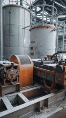 Industrial factories in a snowy winter setting.