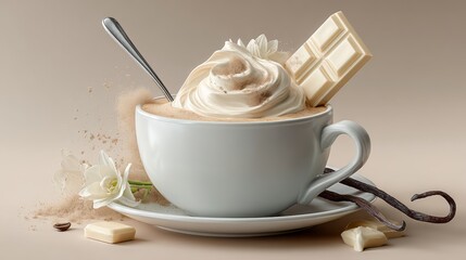 A white coffee cup with whipped cream and a piece of chocolate on top. The cup is placed on a white plate